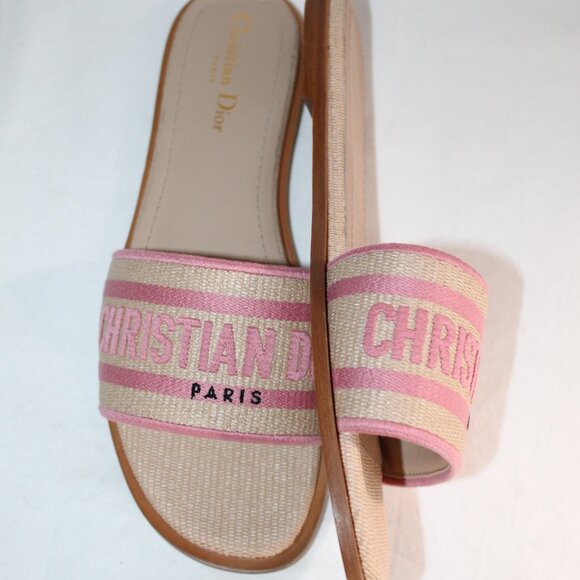 NWB DIOR Christian Dior Rose Dway Flats Slides Logo Embroidered Sandals 40 - Picture 2 of 7